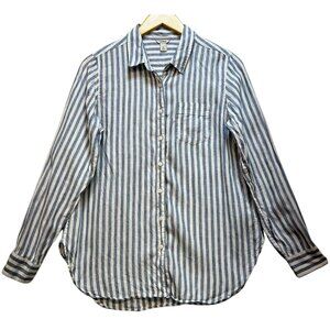 L.L.Bean Women's Linen Button Up Shirt Long Sleeve Size M White Blue Stripe